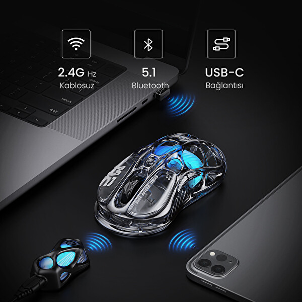 GravaStar Mercury K1 Lite+M2 Kablosuz RGB Işıklı Mekanik Q Gaming Klavye ve Optik Mouse Seti, Şeffaf Siyah