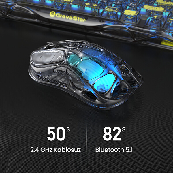GravaStar Mercury M2 RGB 26.000 DPI Optik Gaming Mouse, Kablosuz, Programlanabilir 5 Tuşlu, Şeffaf Siyah