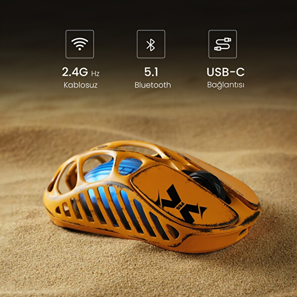 GravaStar Mercury XPro RGB 32K DPI Optik Gaming Mouse+8K Dongle, Kablosuz, Programlanabilir 5 Tuş, Sarı