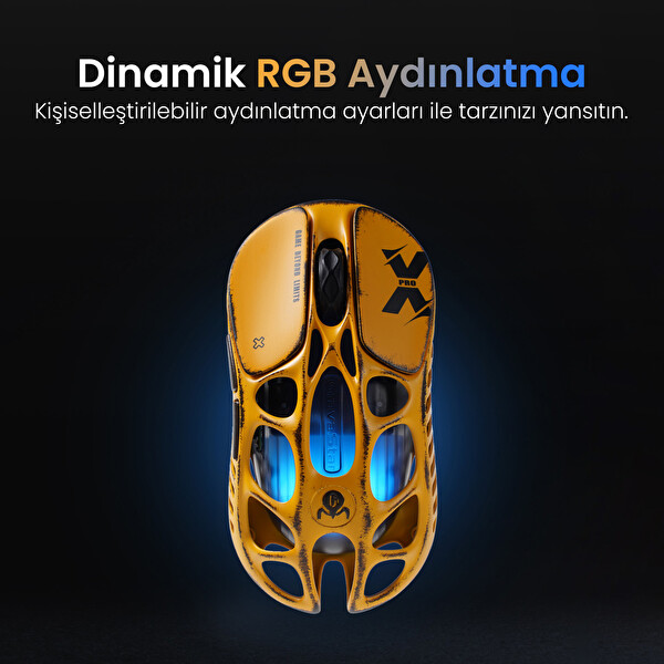 GravaStar Mercury XPro RGB 32K DPI Optik Gaming Mouse+8K Dongle, Kablosuz, Programlanabilir 5 Tuş, Sarı