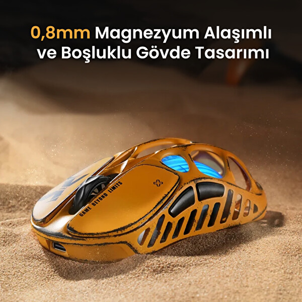 GravaStar Mercury XPro RGB 32K DPI Optik Gaming Mouse+8K Dongle, Kablosuz, Programlanabilir 5 Tuş, Sarı