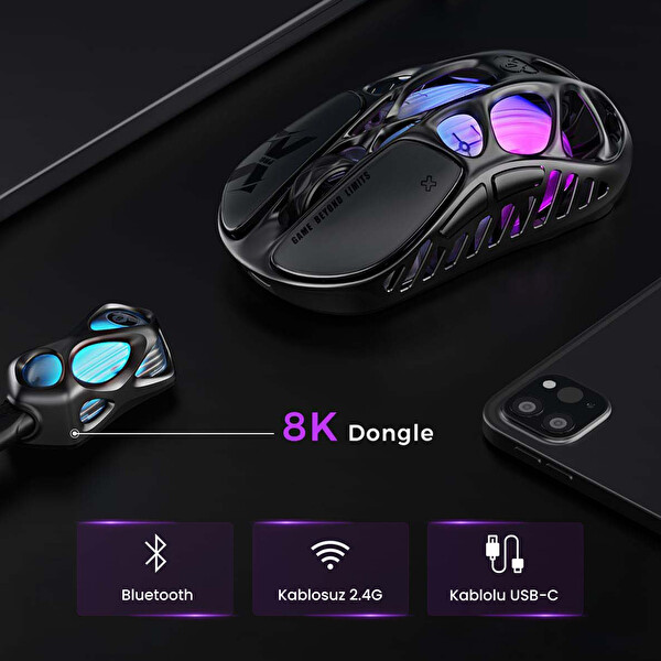 GravaStar Mercury XPro RGB 32K DPI Optik Gaming Mouse+8K Dongle, Kablosuz, Magnezyum Alaşımlı, Programlanabilir 5 Tuşlu, Siyah