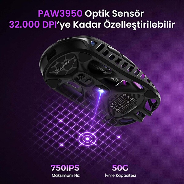 GravaStar Mercury XPro RGB 32K DPI Optik Gaming Mouse+8K Dongle, Kablosuz, Magnezyum Alaşımlı, Programlanabilir 5 Tuşlu, Siyah