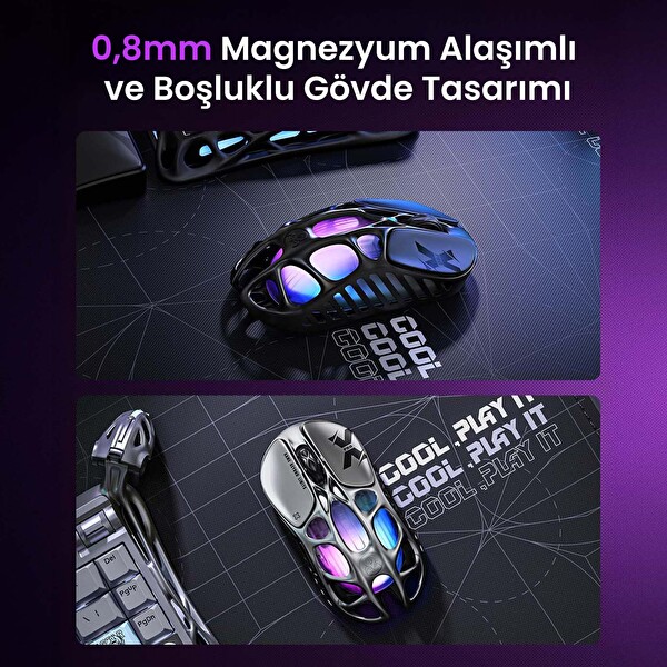 GravaStar Mercury XPro RGB 32K DPI Optik Gaming Mouse+8K Dongle, Kablosuz, Magnezyum Alaşımlı, Programlanabilir 5 Tuşlu, Siyah