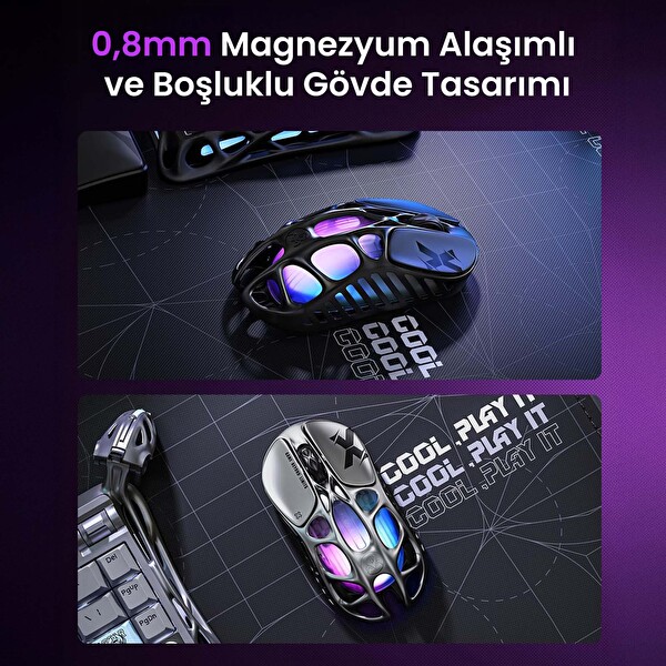 GravaStar Mercury X RGB 32K DPI Kablosuz Magnezyum Alaşımlı Programlanabilir 5 Tuşlu Siyah Optik Gaming Mouse