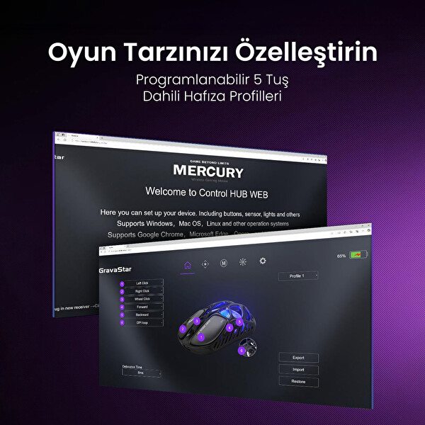 GravaStar Mercury X RGB 32K DPI Kablosuz Magnezyum Alaşımlı Programlanabilir 5 Tuşlu Siyah Optik Gaming Mouse