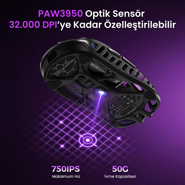 GravaStar Mercury X RGB 32K DPI Kablosuz Programlanabilir 5 Tuşlu Uzay Gri Optik Gaming Mouse