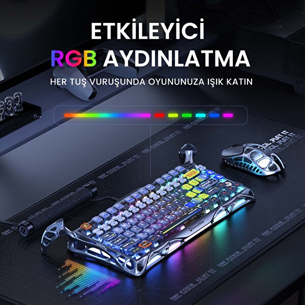 GravaStar Mercury K1 Pro RGB Kablosuz Mekanik Gaming Klavye, Alüminyum Çerçeveli, İngilizce Q, Uzay Gri