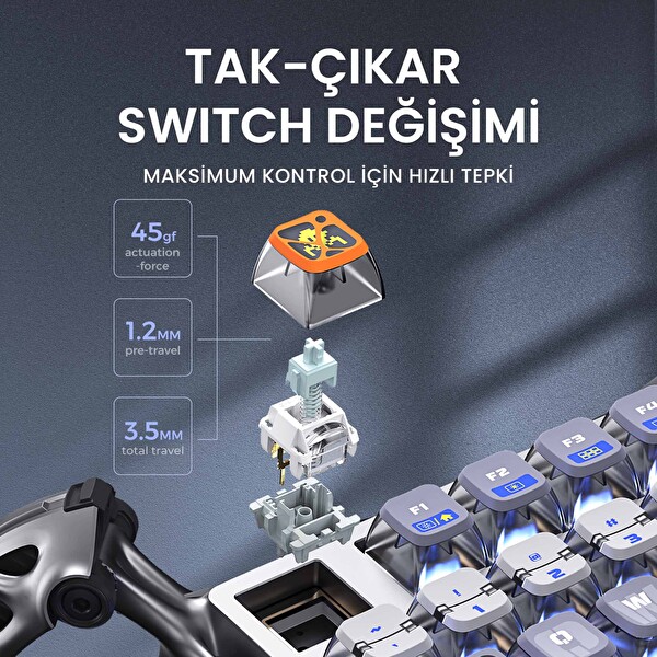 GravaStar Mercury K1 Pro RGB Kablosuz Mekanik Gaming Klavye, Alüminyum Çerçeveli, İngilizce Q, Uzay Gri