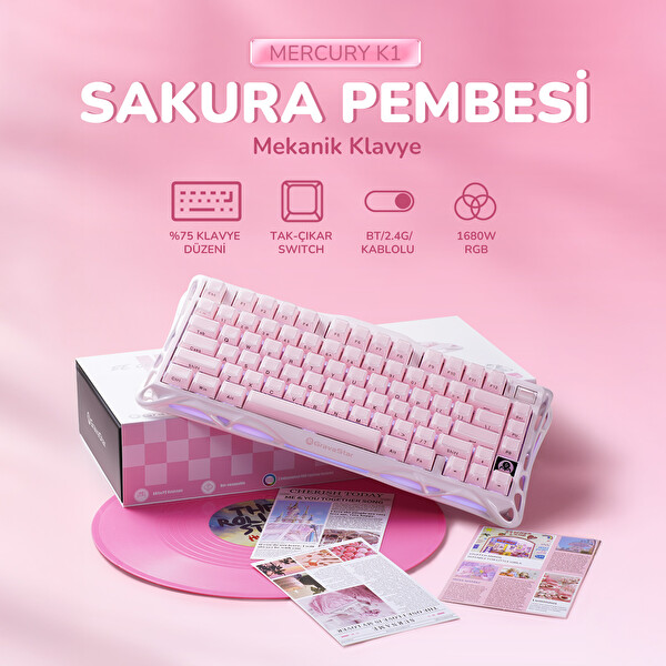GravaStar Mercury K1 RGB Kablosuz Mekanik Gaming Klavye, Alüminyum Çerçeveli, İngilizce Q, Special Edition, Pembe