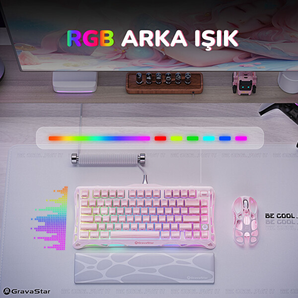 GravaStar Mercury K1 RGB Kablosuz Mekanik Gaming Klavye, Alüminyum Çerçeveli, İngilizce Q, Special Edition, Pembe