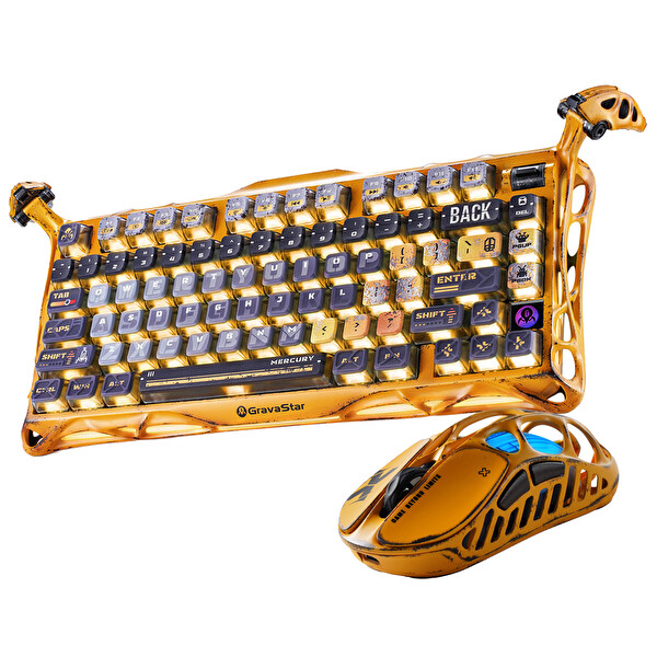 GravaStar Mercury K1Pro+X Kablosuz RGB Işıklı Mekanik Q Special Edition Sarı Gaming Klavye ve Optik Mouse Seti