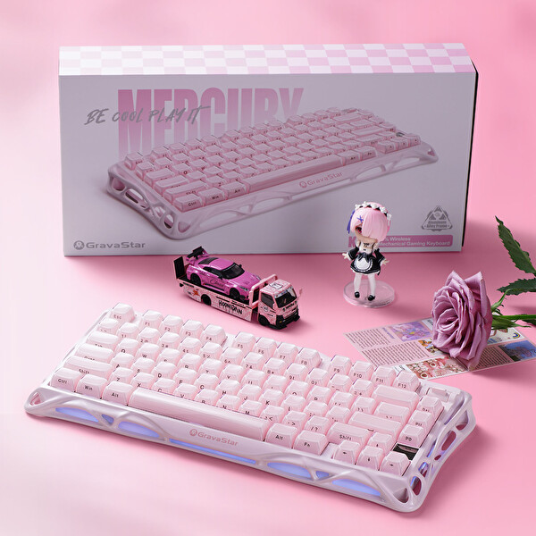 GravaStar Mercury K1+M1 Pro Kablosuz RGB Işıklı Mekanik Q Special Edition Pembe Gaming Klavye ve Optik Mouse Seti