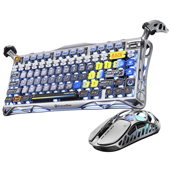 GravaStar Mercury K1 Pro+X Kablosuz RGB Işıklı Mekanik Q Uzay Gri Gaming Klavye ve Optik Mouse Seti