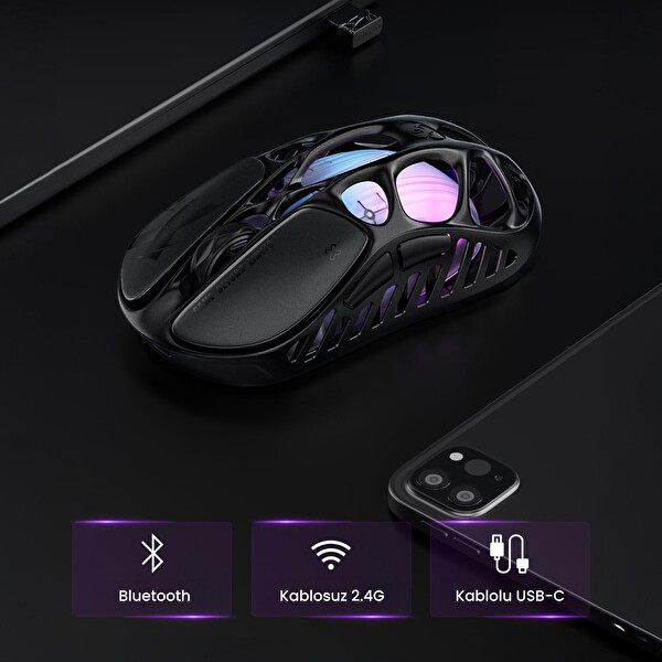 GravaStar Mercury K1 Pro+X Kablosuz RGB Işıklı Mekanik Q Uzay Gri Gaming Klavye ve Optik Mouse Seti