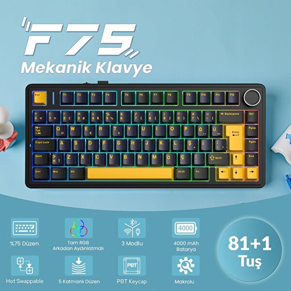 Aula F75 Mekanik RGB TKL Hot Swap GrayWood V4 Switch Kablosuz Makrolu Siyah Türkçe Q Klavye