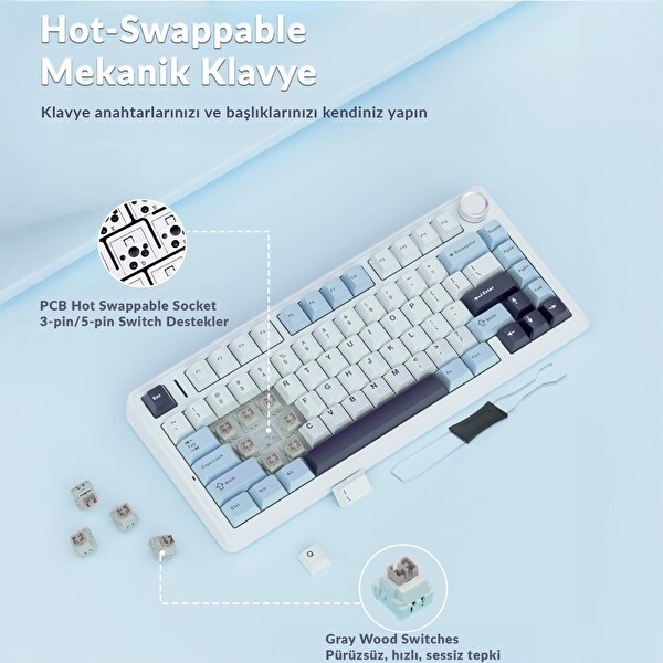 Aula F75 Mekanik RGB TKL Hot Swap GrayWood V4 Switch Kablosuz Makrolu Siyah Türkçe Q Klavye