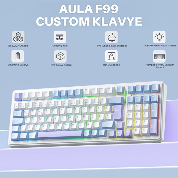 Aula F99 Mekanik RGB Hot Swap GrayWood V4 Switch 3 Modlu Kablosuz Makrolu Mavi Türkçe Q Klavye
