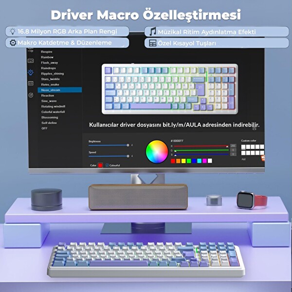 Aula F99 Mekanik RGB Hot Swap GrayWood V4 Switch 3 Modlu Kablosuz Makrolu Mavi Türkçe Q Klavye