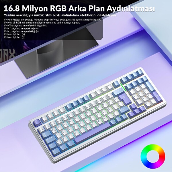 Aula F99 Mekanik RGB Hot Swap GrayWood V4 Switch 3 Modlu Kablosuz Makrolu Mavi Türkçe Q Klavye