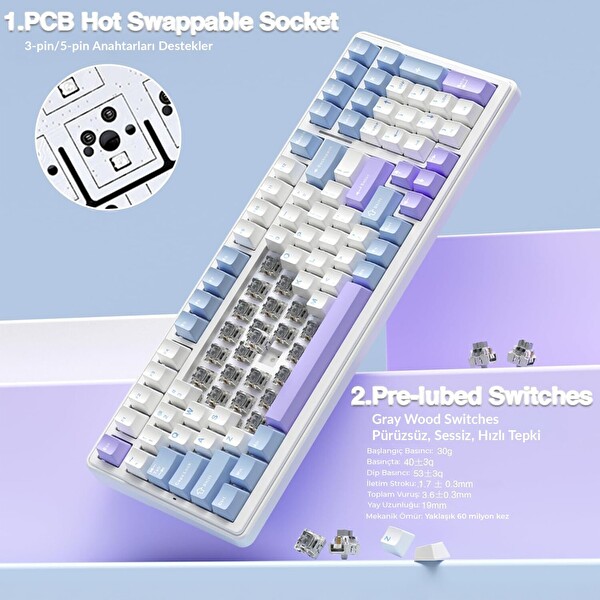 Aula F99 Mekanik RGB Hot Swap GrayWood V4 Switch 3 Modlu Kablosuz Makrolu Mavi Türkçe Q Klavye