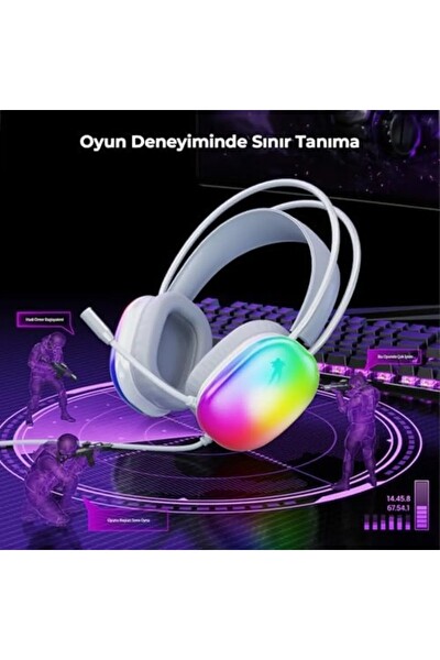 Lecoo HT409 RGB Işıklı USB Mikrofonlu Kablolu Oyuncu Kulak Üstü Gaming Kulaklık Beyaz