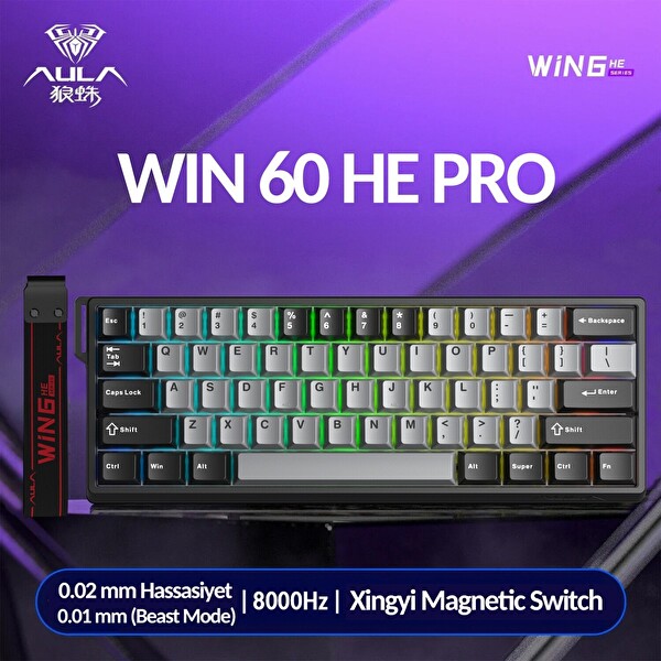 Aula Win60 He Pro Manyetik Klavye Rapid Trigger Xingyi Switch 8000Hz RGB TKL Hot Swap Oyuncu Klavyesi Gri