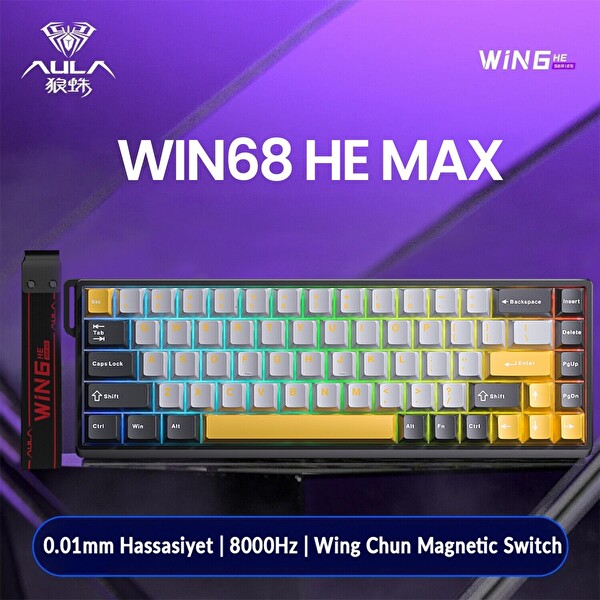 Aula Win68 He Max Manyetik Klavye Rapid Trigger Wing Chun Switch 8000Hz RGB TKL Hot Swap Oyuncu Klavyesi Sarı