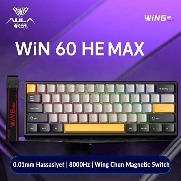 Aula Win60 He Max Manyetik Klavye Rapid Trigger Wing Chun Switch 8000Hz RGB TKL Hot Swap Oyuncu Klavyesi Sarı