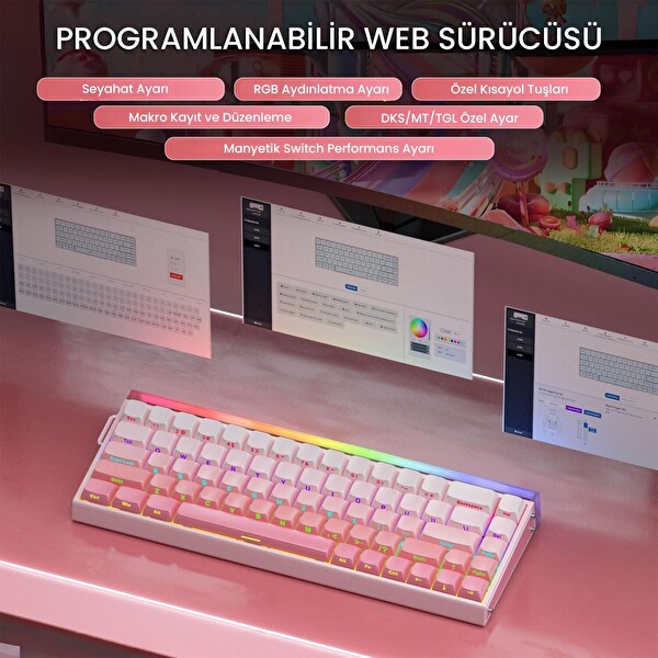 Aula Hero 68 HE Manyetik Klavye Rapid Trigger Black King Switch 8000Hz RGB Neon TKL Hot Swap Oyuncu Klavyesi Pembe
