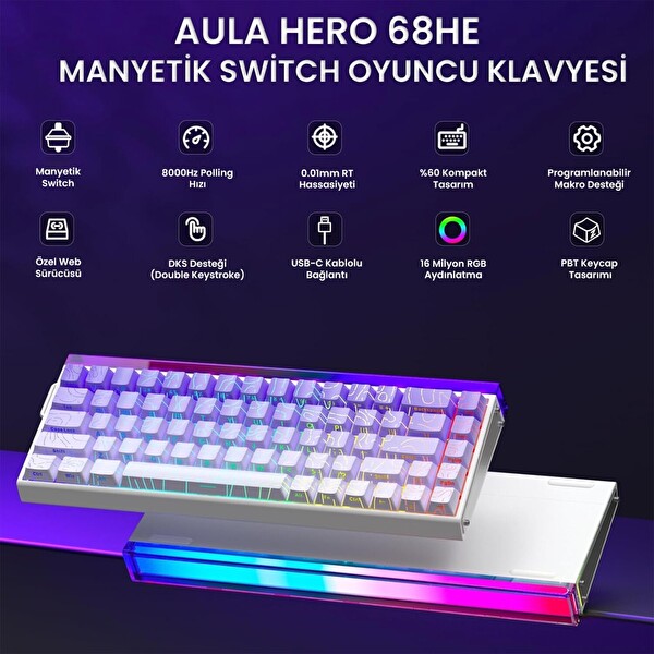 Aula Hero 68 HE Manyetik Klavye Rapid Trigger Dragon King Switch 8000Hz RGB Neon TKL Hot Swap Oyuncu Klavyesi Mor