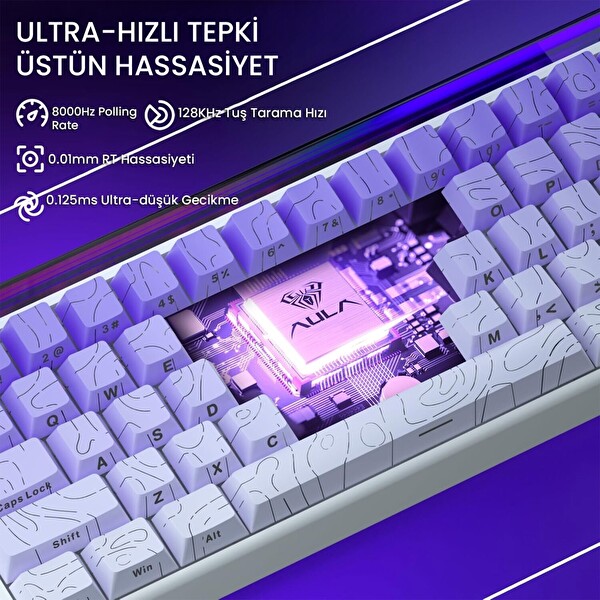 Aula Hero 68 HE Manyetik Klavye Rapid Trigger Dragon King Switch 8000Hz RGB Neon TKL Hot Swap Oyuncu Klavyesi Mor