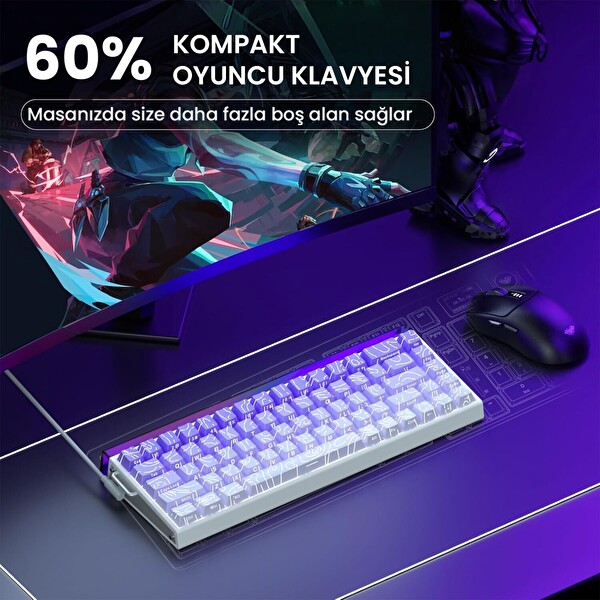 Aula Hero 68 HE Manyetik Klavye Rapid Trigger Dragon King Switch 8000Hz RGB Neon TKL Hot Swap Oyuncu Klavyesi Mor