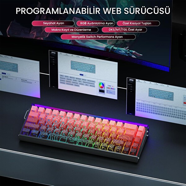 Aula Hero 68 HE Manyetik Klavye Rapid Trigger Dragon King Switch 8000Hz RGB Neon TKL Hot Swap Oyuncu Klavyesi Kırmızı