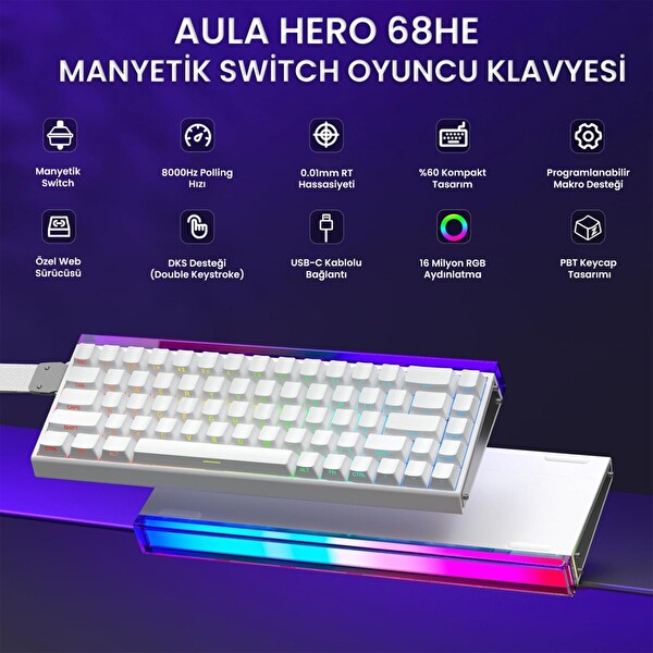 Aula Hero 68 HE Manyetik Klavye Rapid Trigger Meteor Switch 8000Hz RGB Neon TKL Hot Swap Oyuncu Klavyesi Beyaz