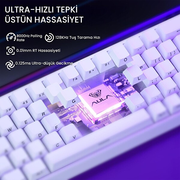 Aula Hero 68 HE Manyetik Klavye Rapid Trigger Meteor Switch 8000Hz RGB Neon TKL Hot Swap Oyuncu Klavyesi Beyaz