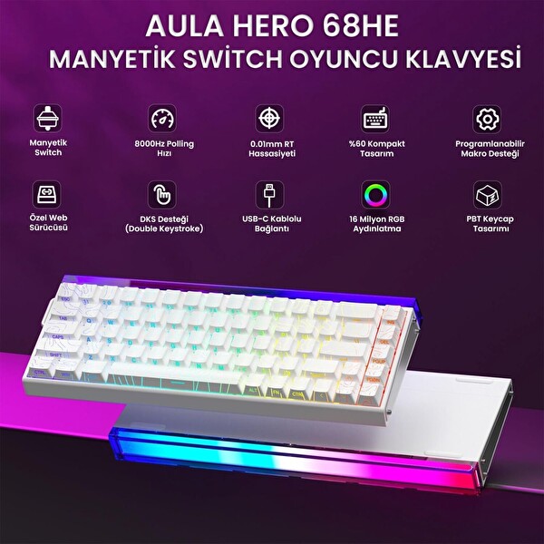 Aula Hero 68 HE Manyetik Rapid Trigger Black King Switch 8000 Hz RGB Neon TKL Hot Swap Desenli Beyaz Oyuncu Klavyesi
