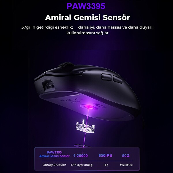 Aula SC800 LightWeight PAW3395 Sensör 26000 DPI 8000Hz Kablolu ve Kablosuz Gaming Oyuncu Mouse Siyah