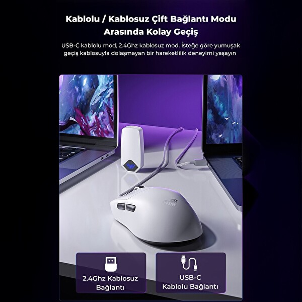 Aula SC800 LightWeight PAW3395 Sensör 26000 DPI 8000Hz Kablolu ve Kablosuz Gaming Oyuncu Mouse Siyah
