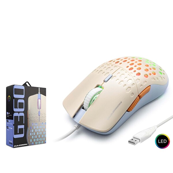 Hadron G360 3600DPI Led Aydınlatmalı 1.50 MT USB Kablolu Oyuncu Mouse - Beyaz