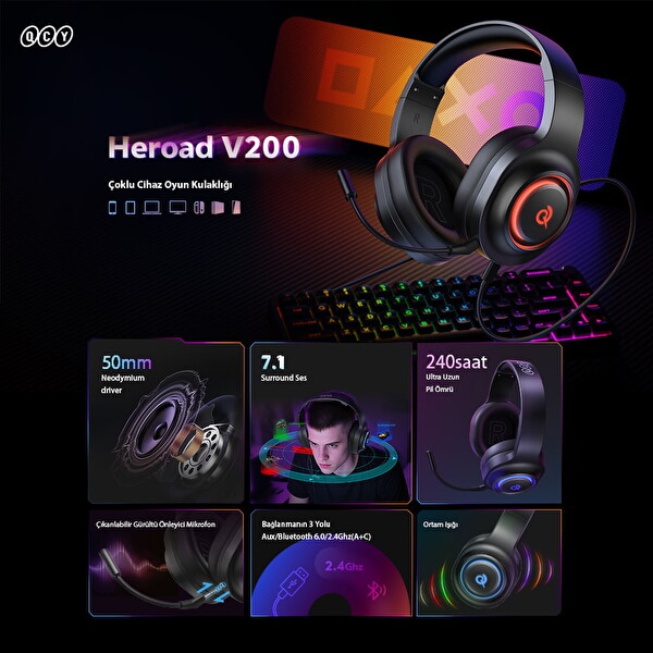 Qcy HeroaD V200 RGB 7.1 3 Modlu BT 2.4Ghz Type-C PC - PS5 - XBOX Kablosuz Gaming Oyuncu Kulaklığı