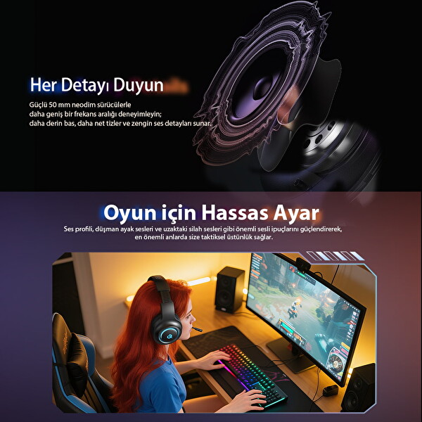 Qcy HeroaD V200 RGB 7.1 3 Modlu BT 2.4Ghz Type-C PC - PS5 - XBOX Kablosuz Gaming Oyuncu Kulaklığı