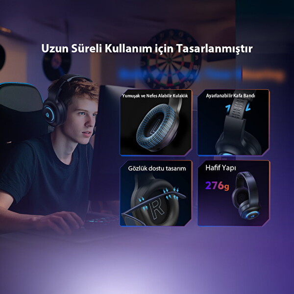 Qcy HeroaD V200 RGB 7.1 3 Modlu BT 2.4Ghz Type-C PC - PS5 - XBOX Kablosuz Gaming Oyuncu Kulaklığı