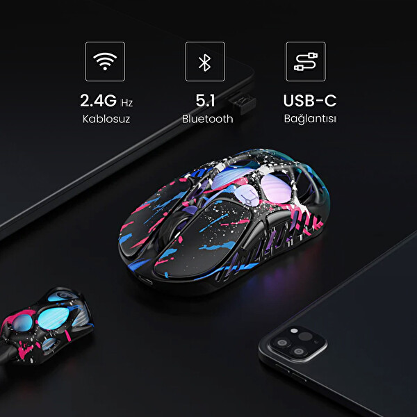 GravaStar Mercury XPro RGB 32K DPI Kablosuz Magnezyum Alaşımlı Programlanabilir 5 Tuşlu Neon Graffiti Optik Gaming Mouse+8K Dongle