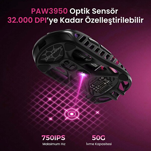 GravaStar Mercury XPro RGB 32K DPI Kablosuz Magnezyum Alaşımlı Programlanabilir 5 Tuşlu Neon Graffiti Optik Gaming Mouse+8K Dongle