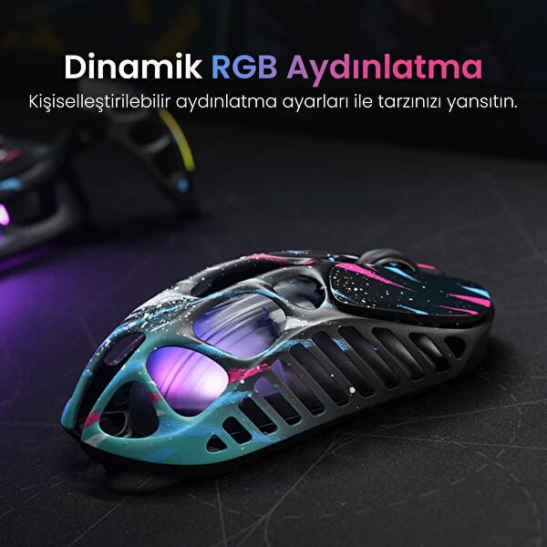 GravaStar Mercury XPro RGB 32K DPI Kablosuz Magnezyum Alaşımlı Programlanabilir 5 Tuşlu Neon Graffiti Optik Gaming Mouse+8K Dongle