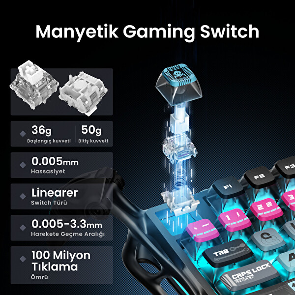 GravaStar Mercury V75 Pro HE Hot-Swappable Rapid Trigger 8000Hz 0.125ms Kablolu Hall Effect Manyetik Switch Gaming Klavye