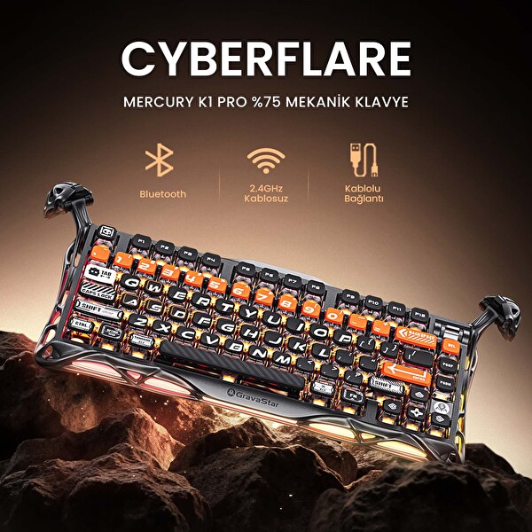 GravaStar Mercury K1 Pro+X Kablosuz RGB Işıklı Mekanik Q Gaming Klavye ve Optik Mouse Seti, CyberFlare