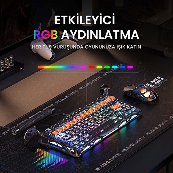GravaStar Mercury K1 Pro+X Kablosuz RGB Işıklı Mekanik Q Gaming Klavye ve Optik Mouse Seti, CyberFlare