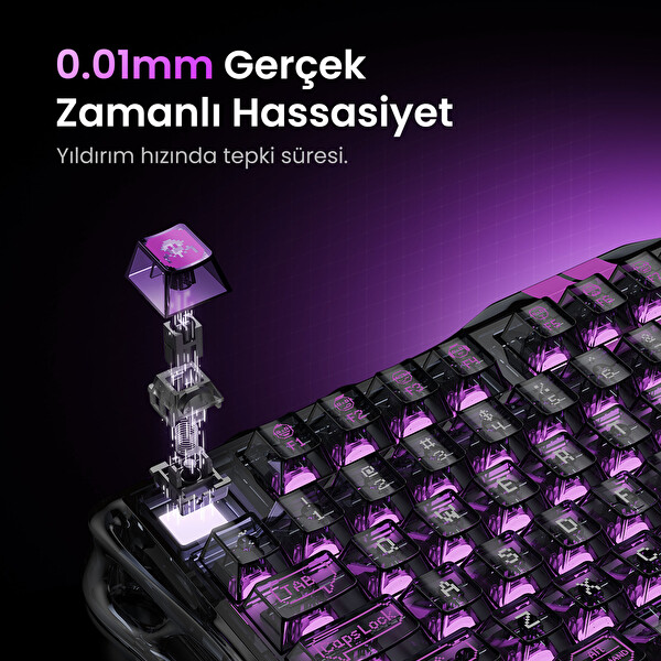 Mercury V75 Lite Hall Effect, 8KHz Kablolu Manyetik Klavye + M2 26K DPI RGB Kablosuz Mouse Oyuncu Seti, Şeffaf Siyah